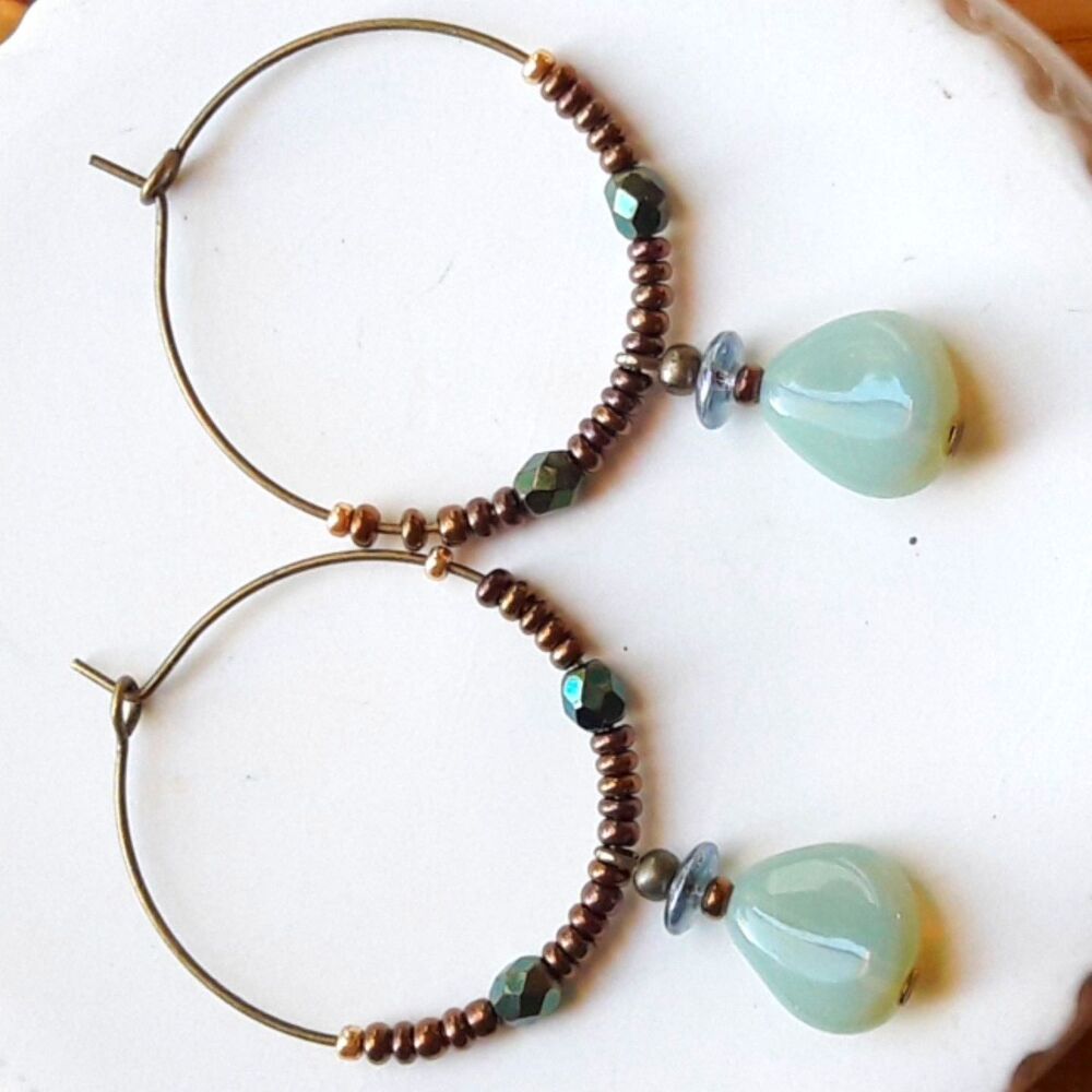 artisan earrings 494#mfs Green Opal Glass dangles hoop earrings Czech beads bron